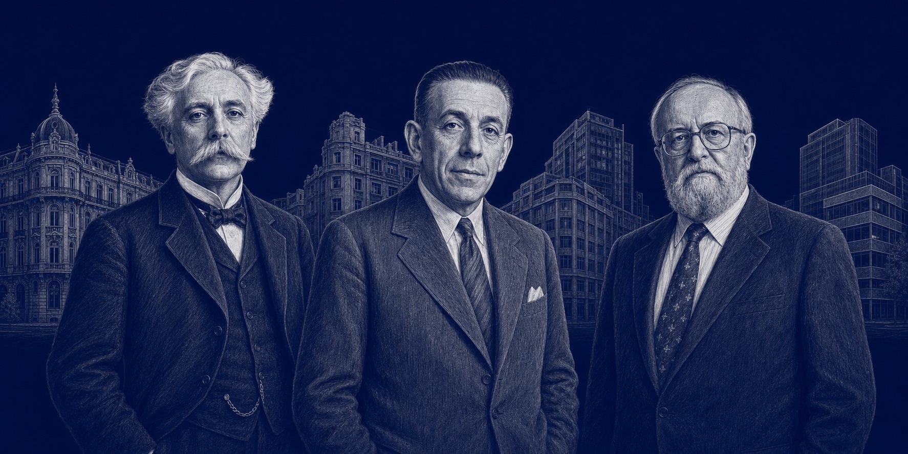 Die drei Komponisten Faure, Poulenc und Penderecki vor Gebäuden ihrer Zeit